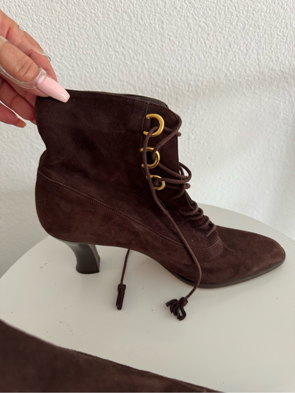Gucci Dark Brown Suede Lace-Up Ankle Boots with Gold Eyelets